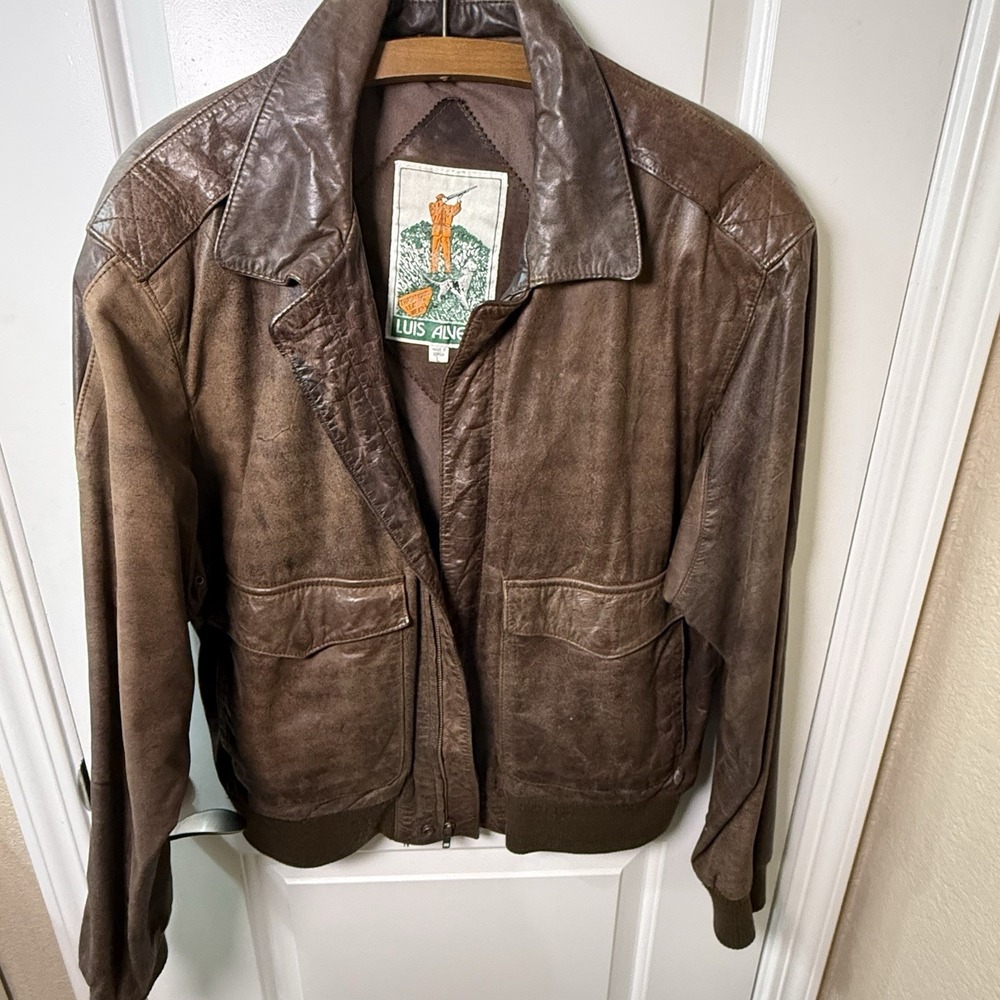 Vintage Luis Alvear Mens L Brown Leather Hunting Bomber Jacket Korea Distressed